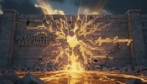 A stone wall labeled "Infrastructure Debt Wall" is cracked open by glowing circuitry labeled "Agentic Economy," with digital light breaking through.