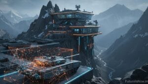 Futuristic mountain military base with armored tanks and digital network overlays, surrounded by snow-capped peaks under a cloudy sky.