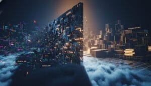 A large digital wall divides two contrasting realms: one chaotic with colorful data and labeled "debt," the other orderly with golden blocks labeled "regulatory resilience.