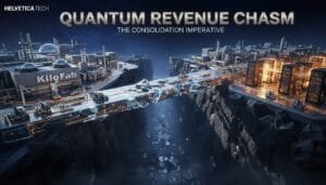 A futuristic cityscape with two industrial complexes separated by a deep chasm, connected by a sleek bridge, labeled "Quantum Revenue Chasm: The Consolidation Imperative.