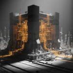 A futuristic, symmetrical structure with glowing orange circuitry stands at the center of a dark, industrial landscape surrounded by small, angular buildings.