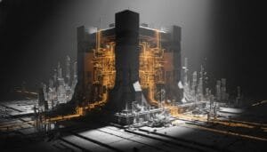 A futuristic, symmetrical structure with glowing orange circuitry stands at the center of a dark, industrial landscape surrounded by small, angular buildings.