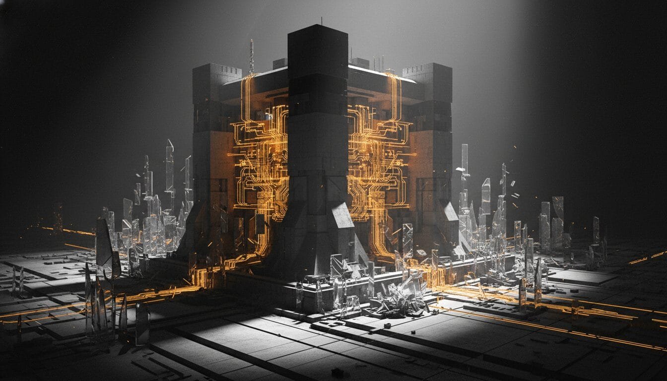 A futuristic, symmetrical structure with glowing orange circuitry stands at the center of a dark, industrial landscape surrounded by small, angular buildings.