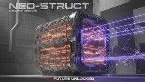 A large, futuristic data vault emits glowing orange and purple lights as energy beams crackle, with the text "NEO-STRUCT: THE DATA ARCHIVE" and "FUTURE UNLOCKED" displayed.