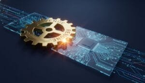 A golden gear labeled "REVENUE" is positioned over a circuit board graphic labeled "OWNERSHIP," symbolizing the connection between technology and revenue generation.