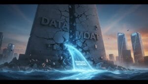 A large concrete wall labeled "Data Moat" is cracking, with water labeled "Stateless Inference" flowing through the breach; city buildings are visible in the background.