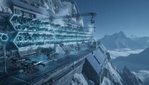 A futuristic facility with glowing blue hexagonal structures is built on a snowy mountain cliff, overlooking a range of peaks under a clear sky.