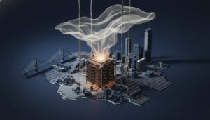 A glowing central server emits digital waves above a miniature cityscape, with bridges and high-rise buildings surrounding a grid-like base.