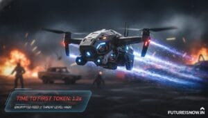 A futuristic drone flies through a fiery urban battlefield, emitting blue trails. On-screen text displays a timer, encrypted feed status, and high threat level.