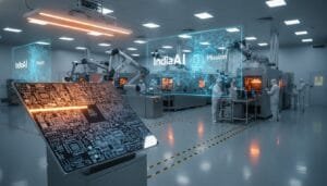 Technicians in a cleanroom operate robotic machinery with digital displays labeled "India AI Mission," and a large circuit diagram is shown in the foreground.