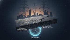 A cracked circuit board labeled "Sovereign Infrastructure" floats above a glowing sphere labeled "Token Mirages," with a city skyline and power lines in the background.
