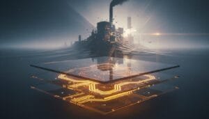 A factory emits smoke in the background, while in the foreground, glowing circuit board layers are suspended, symbolizing the intersection of industry and technology.