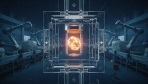 A glowing geometric object is suspended in a glass container at the center of a futuristic factory with robotic arms and conveyor belts.