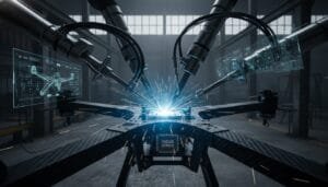 Four robotic arms weld a metal structure with sparks flying, as two digital screens display technical schematics in an industrial setting.