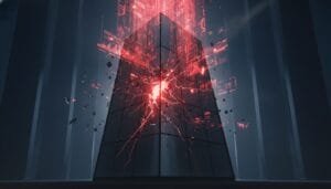 A large, dark monolith emits red, digital shards and light from a central crack, surrounded by a futuristic, dimly lit environment.