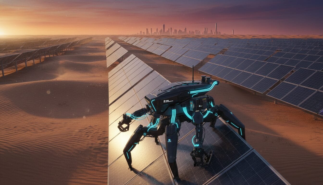 A futuristic four-legged robot inspects large solar panel arrays in a desert at sunset, with a distant city skyline on the horizon.