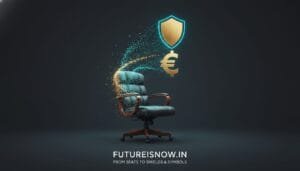 A modern office chair transitions into a digital shield and euro symbol, with the text “FUTUREISNOW.IN - From Seats to Shields & Symbols” below.