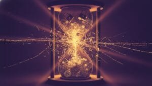 A glowing hourglass with digital locks and network connections inside, emitting bright lines and geometric shapes, symbolizing data and technology.
