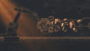 A robotic arm assembles a mechanical component on a conveyor belt, with digital cubes representing data or automation integration.