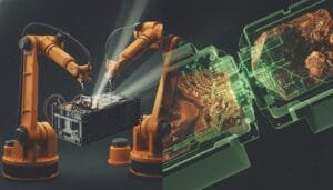 Two robotic arms work on an electronic device, while a digital illustration shows circuitry overlaying rocks, suggesting advanced technology and automation.