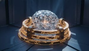 A faceted crystal brain is displayed on a platform surrounded by illuminated circuits in a futuristic, metallic room.