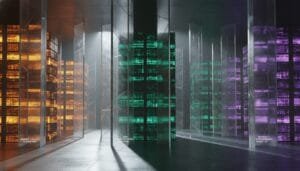 A futuristic server room with rows of illuminated server racks in orange, green, and purple hues, reflected in tall glass panels under dramatic lighting.