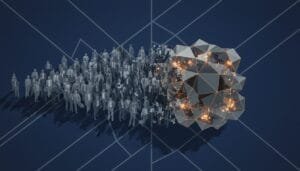 A group of gray, faceless human figures stands beside a geometric, metallic structure illuminated with orange lights, set against a dark blue background.