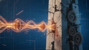 A stream of orange energy connects to a tall stone structure with gears, causing cracks and sparks against a blue technological background.