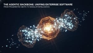 Digital illustration of interconnected polygons and data points, representing the concept of unifying enterprise software and intelligent integration.