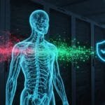 Digital rendering of a human body with data streams flowing to server racks; a shield icon with a checkmark and the words "Validated Output" are visible.
