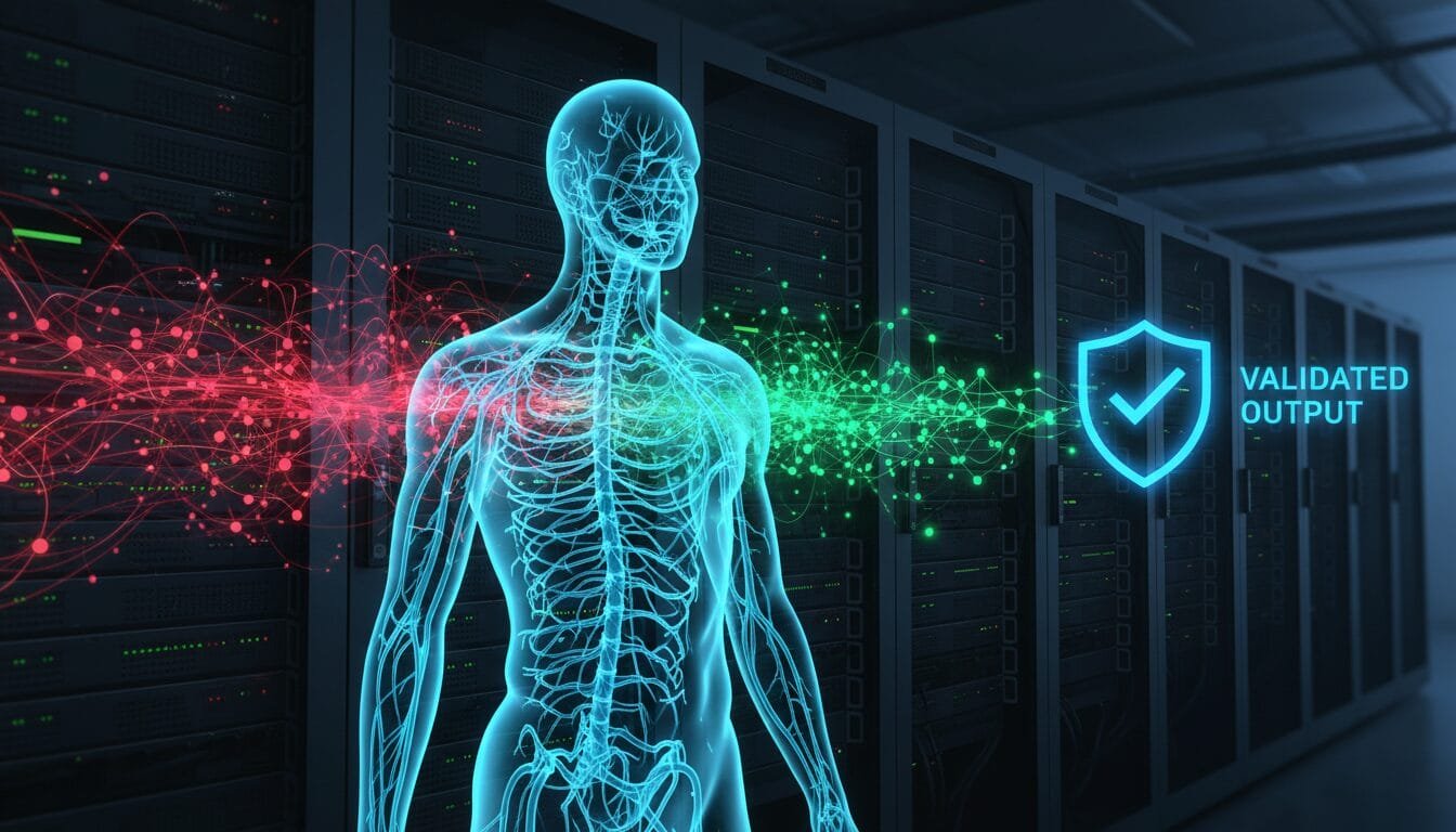 Digital rendering of a human body with data streams flowing to server racks; a shield icon with a checkmark and the words "Validated Output" are visible.