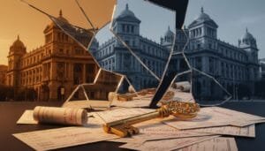 A large golden key rests on scattered documents in front of a cracked mirror reflecting a historic government building in color and black-and-white.
