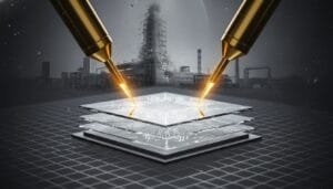 Two soldering irons work on layered circuit boards with an industrial factory and smokestacks in the background, all in a grayscale, futuristic setting.