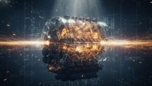 A futuristic, glowing engine with intricate components is suspended in mid-air, surrounded by digital schematics and orange energy streams.