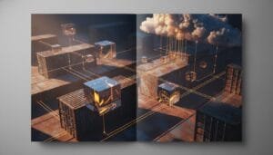 A digital artwork shows metal cubes on platforms connected by glowing lines, with one cube inside a cloud emitting light beams.