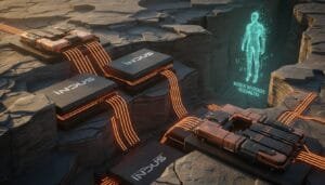 Computer servers labeled "INDUS" connect through glowing cables over a rocky terrain, with a holographic human figure and text reading "Archiving Interfaces – Receiving Era.