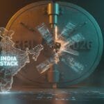 A digital map of India labeled "India Stack" is displayed in front of a large vault door with cracks and glowing blue circuitry.