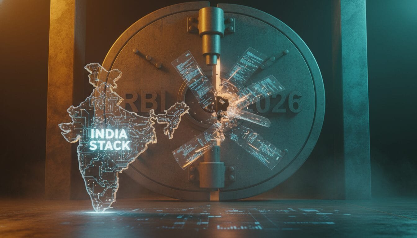 A digital map of India labeled "India Stack" is displayed in front of a large vault door with cracks and glowing blue circuitry.