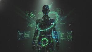 A digital silhouette of a human figure is overlaid with green and blue holographic interface elements and data visualizations against a dark background.