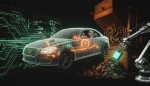 A digitally rendered car with highlighted internal systems is displayed beside circuit diagrams, a robotic arm, and an industrial machine processing metal fragments.