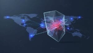 A translucent shield stands over a world map with glowing network points and curved lines representing global connections and data flow.