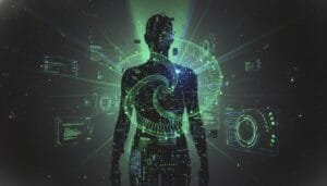 A silhouetted human figure stands in front of digital, green holographic interfaces and swirling data patterns, symbolizing human-machine integration or advanced technology.