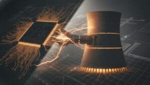 A digital illustration showing a computer chip connected by electric currents to a cooling tower, symbolizing the intersection of technology and energy.