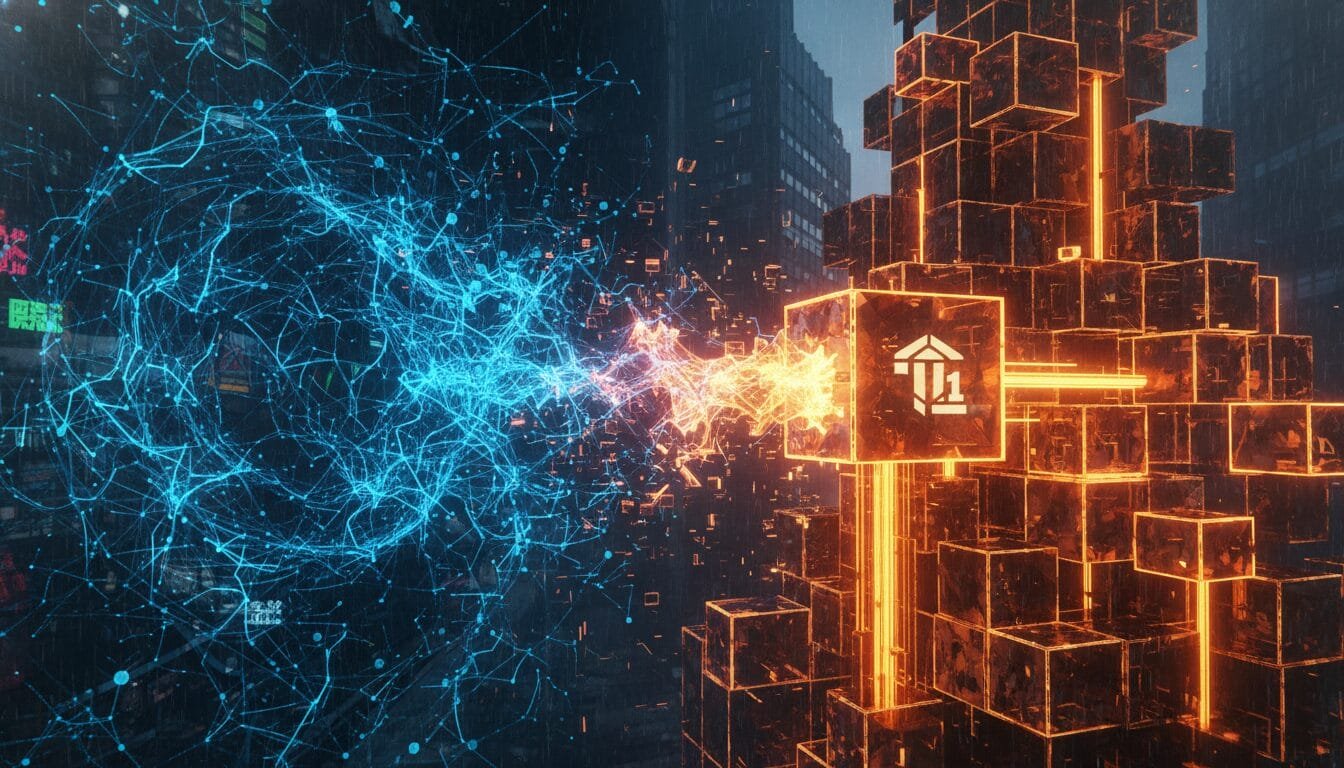 A digital illustration showing a blue neural network connecting with an orange blockchain structure in a futuristic cityscape.