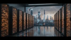 A modern server room with glowing circuit panels, large windows, and a view of a futuristic city skyline with skyscrapers and flying vehicles.