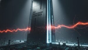 A tall, futuristic tower labeled "EU REGULATORY OMNIBUS" stands over a digital cityscape, intersected by a glowing red energy line.