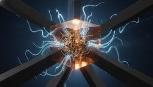 A metallic, clockwork-like mechanism is encased in a transparent cube, with blue energy streams emanating from it against a dark background intersected by black beams.