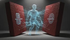 A digital human figure stands between two red panels labeled "Banking Transparency" and "Data Minimization," representing the balance between transparency and privacy in data management.