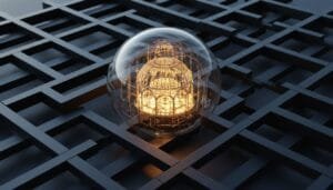 A glowing, dome-shaped structure encased in a transparent sphere sits on a grid of intersecting black rectangular frames.