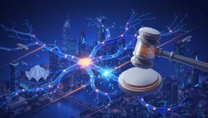A judge’s gavel with digital circuitry hovers above a futuristic cityscape connected by glowing neural network lines, symbolizing technology regulation.